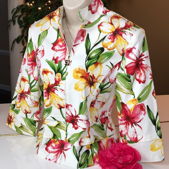 ST. JOHN SPORT BY MARIE GRAY WHITE FLORAL JACKET S - Picture 9 of 16